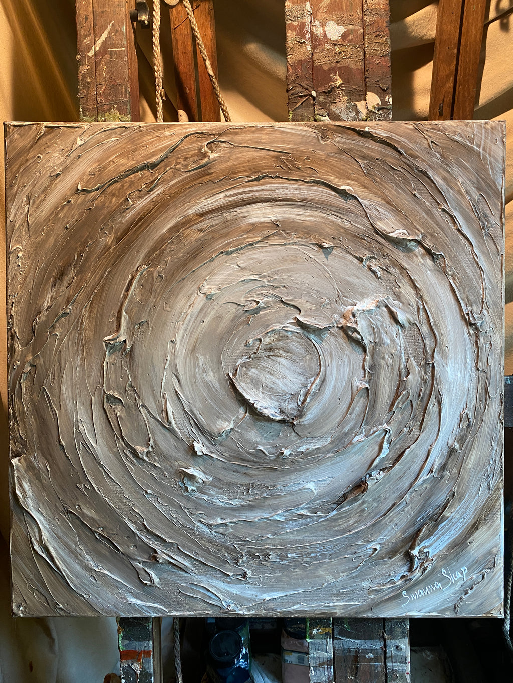 Coffee and cream latte- brown abstract textured art ORIGINAL painting on canvas mixed media impasto Palette knife Art 24x24” by Susanna Shap