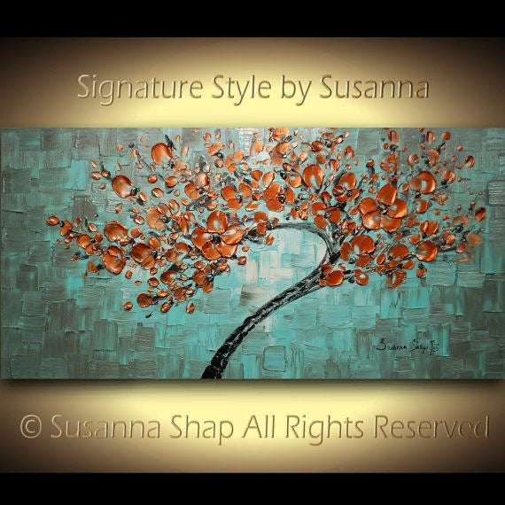 Original Copper Grey Turquoise Cherry Blossom Tree Modern Abstract Landscape, Impasto Textured painting palette knife art by susanna shap (MADE2ORDER)
