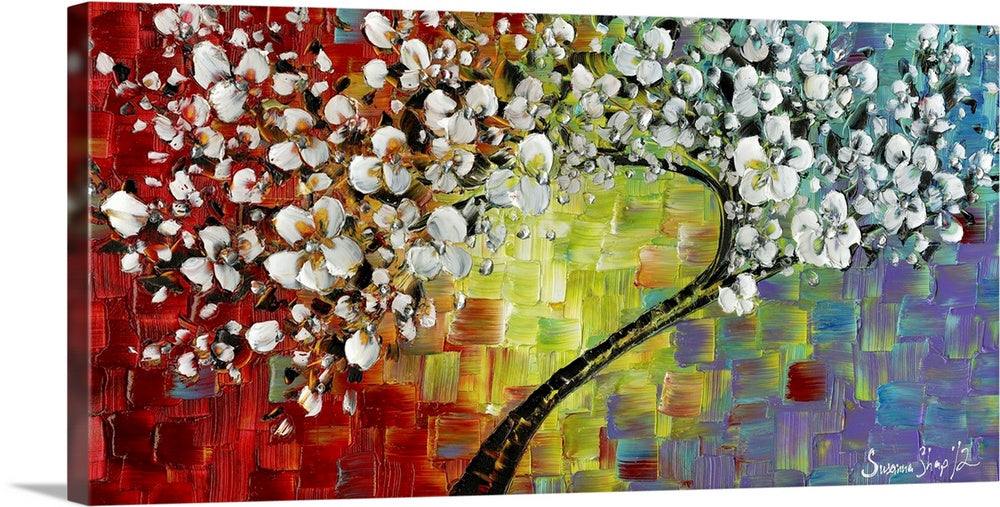 White cherry blossom abstract wall art rainbow tree panoramic fine art giclee print on canvas No 2 by Susanna Shap