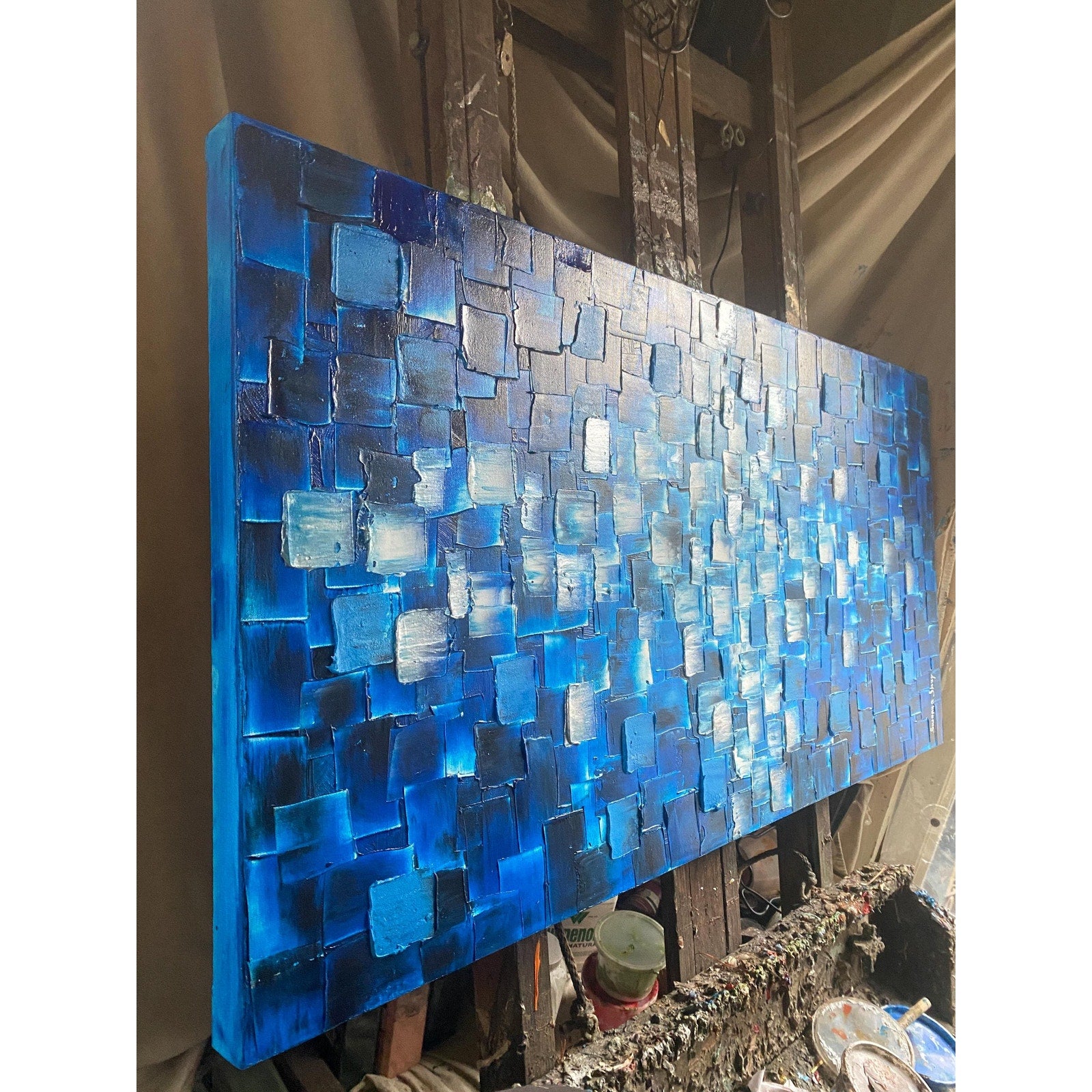 ORIGINAL Black Blue tonal large abstract painting Textured Squares Geometric Palette knife Art 48"x24" - by Susanna Shap