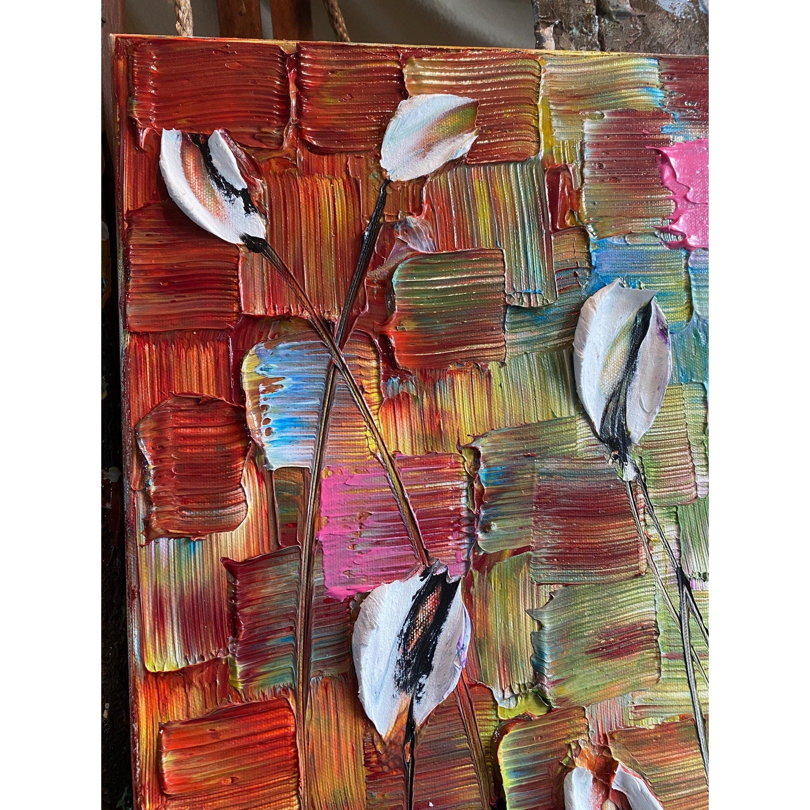 Original White Tulips Impasto Painting, Palette Knife Textured Art (20"x20")