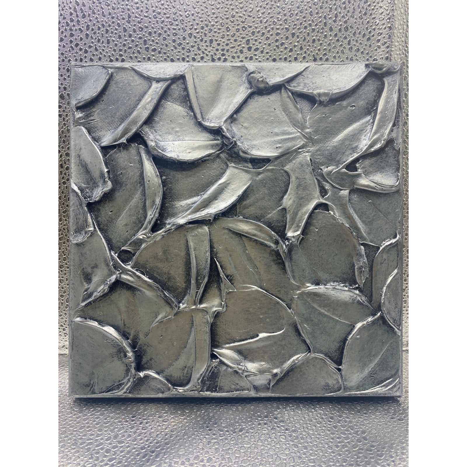 ORIGINAL Abstract Metallic Silver Textured painting, Palette knife Impasto Small 8" x 8"