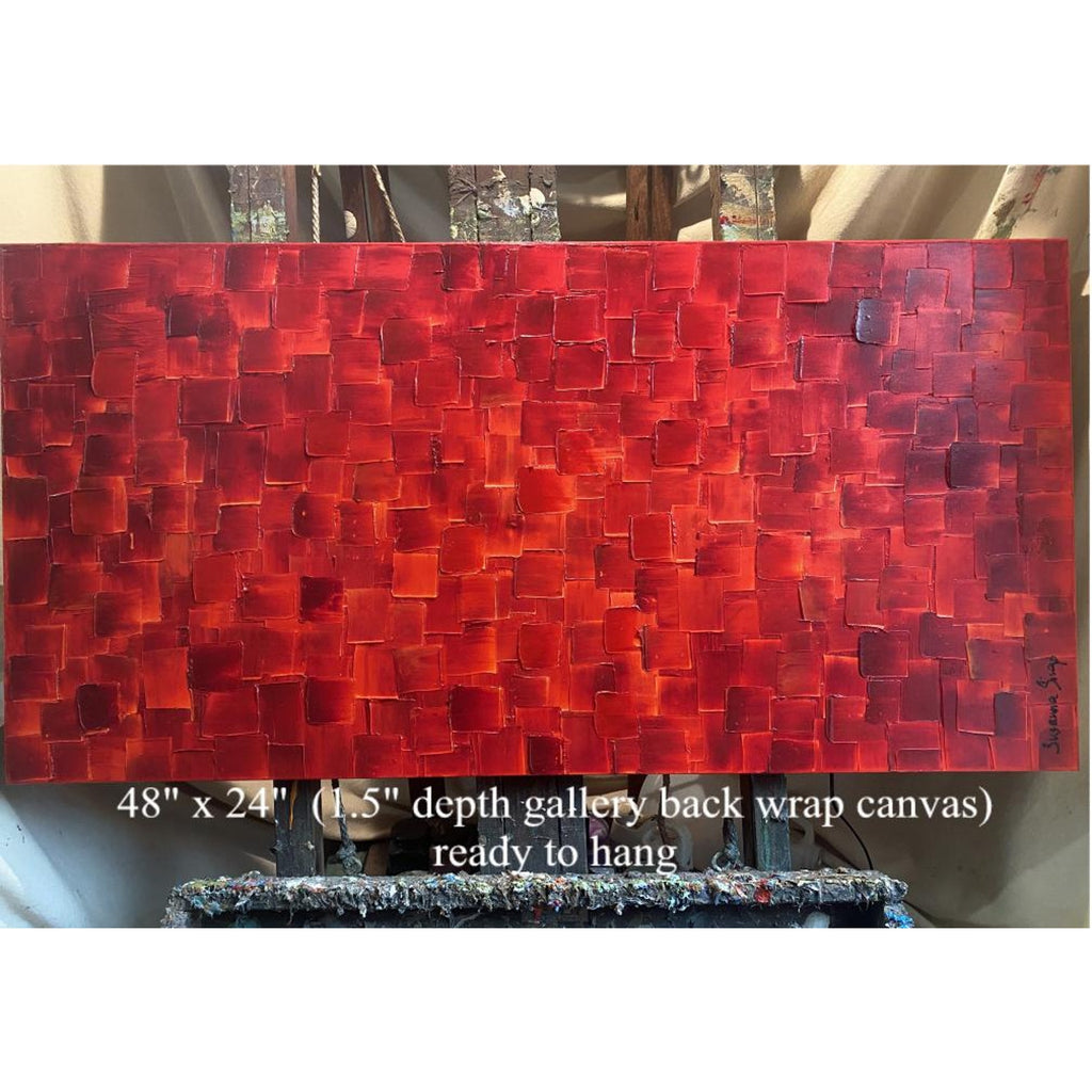 ORIGINAL Large Red Abstract painting, Squares, Geometric Textured 48"x24" Palette knife Art- by Susanna Shap