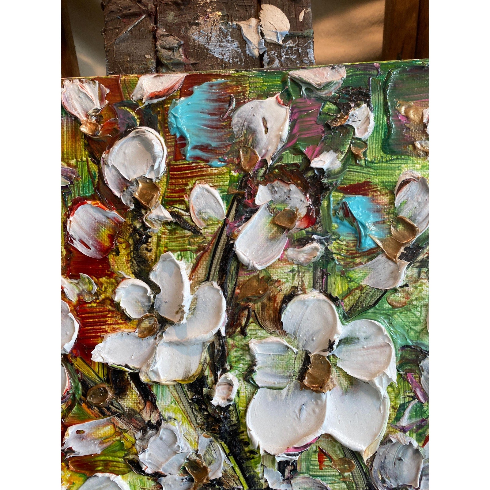 Original Palette Knife Cherry Blossom Painting, Textured Impasto Art (18"x24")