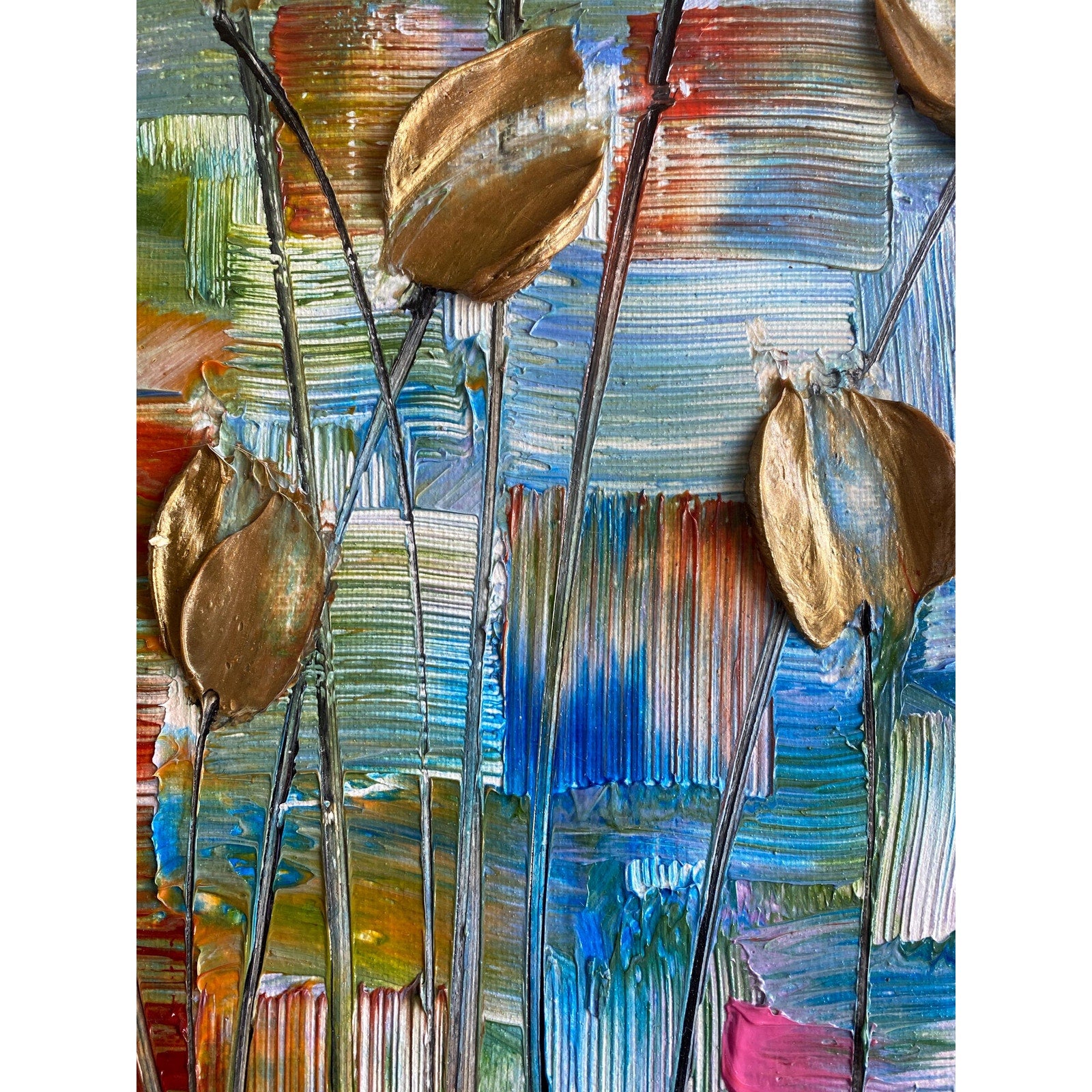 Original Gold Tulips Painting: Abstract Flowers, Textured Palette Knife Impasto Art