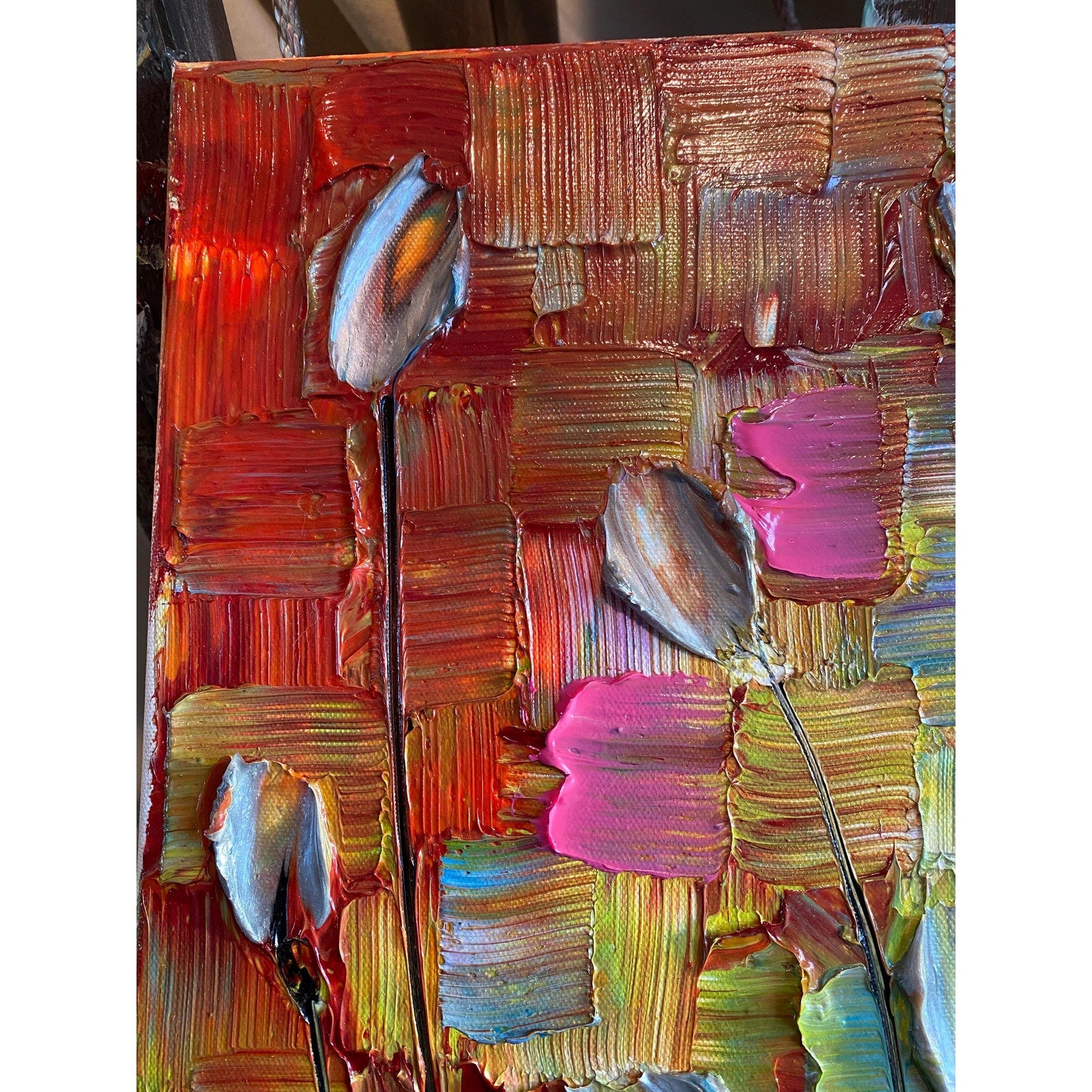 Original Silver Tulips Impasto Painting, Palette Knife Textured Art (20"x20")