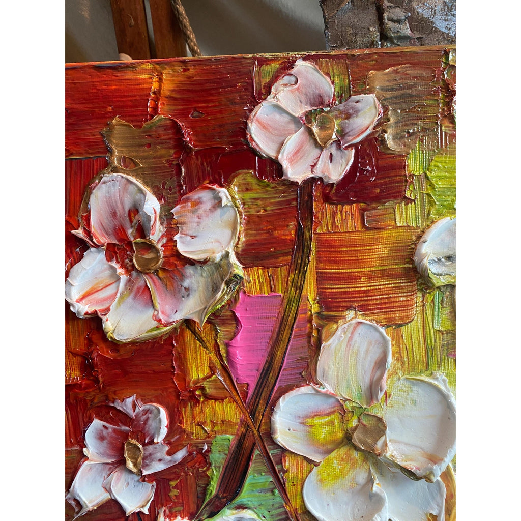 Original Abstract textured white flowers art, multicolored Palette Knife Impasto Painting: 18"x24" by Susanna Shap