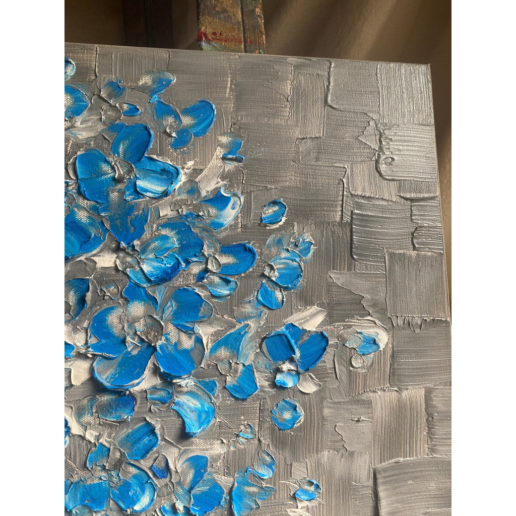 Original Blue flowers Painting Impasto still life bouquet in vase Textured palette knife Floral Art (24x36)