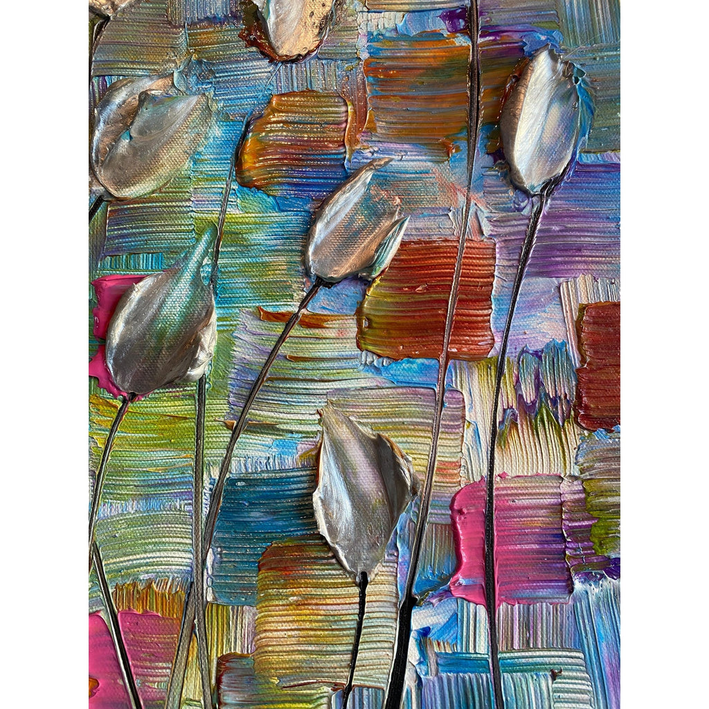 Original Silver Tulips Impasto Painting, Palette Knife Textured Art (20"x20")
