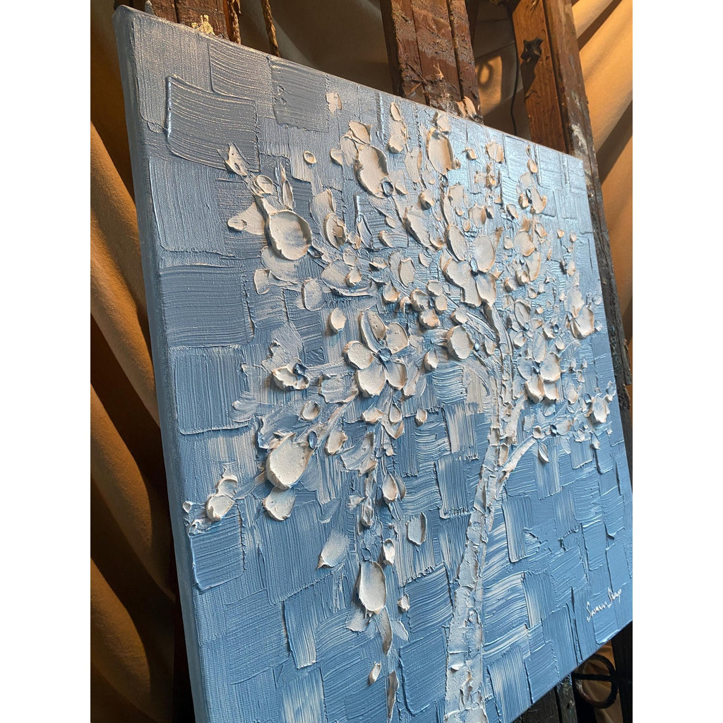 Wedgewood Blue Original Palette Knife Impasto Painting: White Cherry Blossoms tree (24"x24")