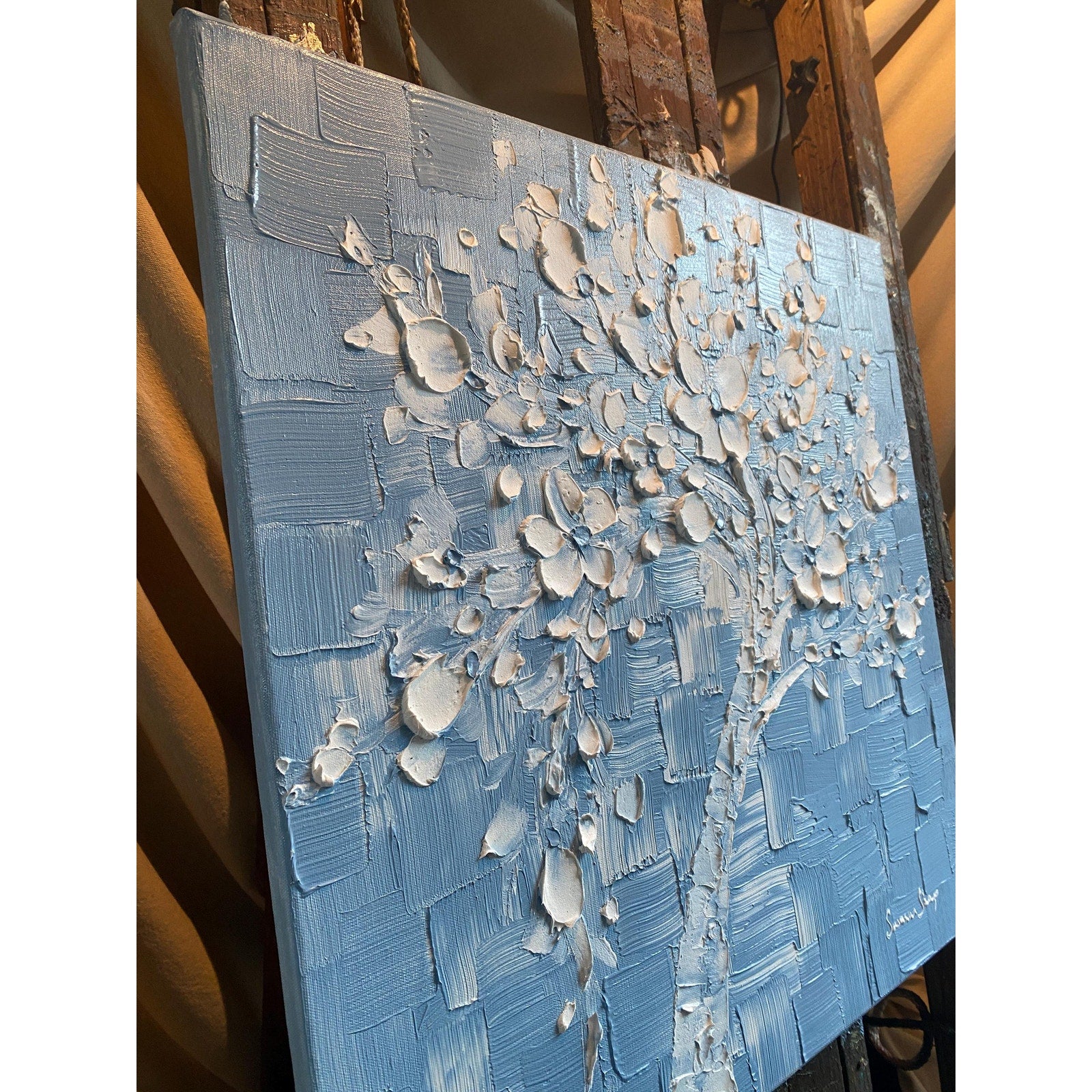 Wedgewood Blue Original Palette Knife Impasto Painting: White Cherry Blossoms tree (24"x24")