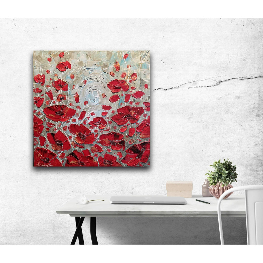 red poppies ORIGINAL abstract floral oil painting flowers landscape impasto Texture Palette knife Wall Art 20x20" Susanna Shap