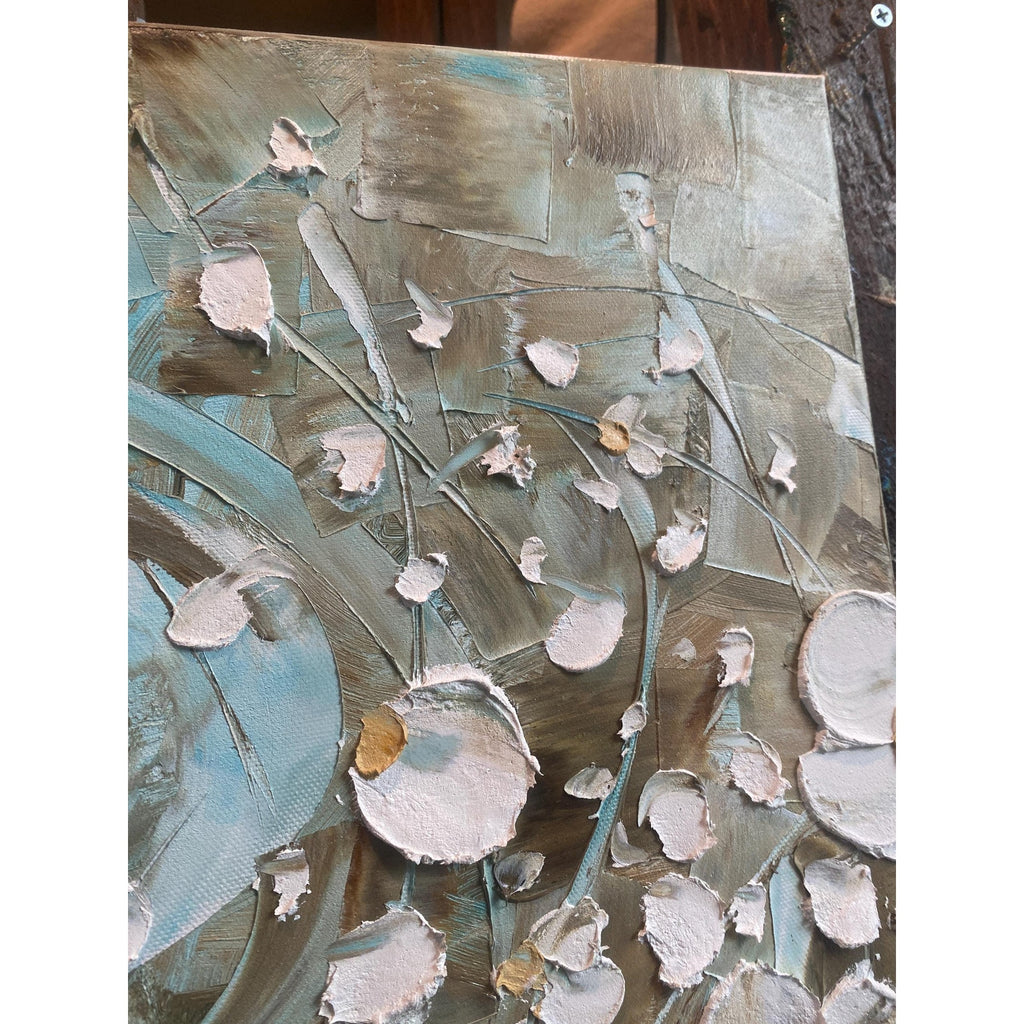 ORIGINAL abstract floral oil painting landscape on canvas white flowers impasto Textured Palette knife Wall Art 20x20" by Susanna Shap