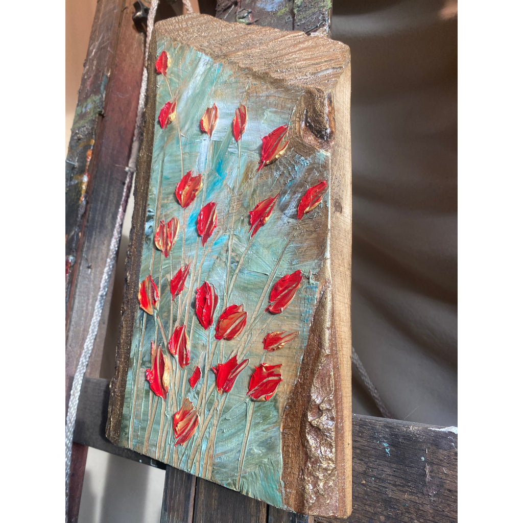 ORIGINAL Tulips Small Floral landscape oil painting, palette knife textured tactile impasto on wood- by Susanna Shap