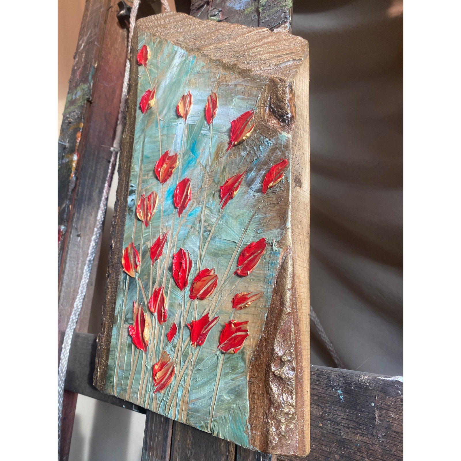ORIGINAL Tulips Small Floral landscape oil painting, palette knife textured tactile impasto on wood- by Susanna Shap