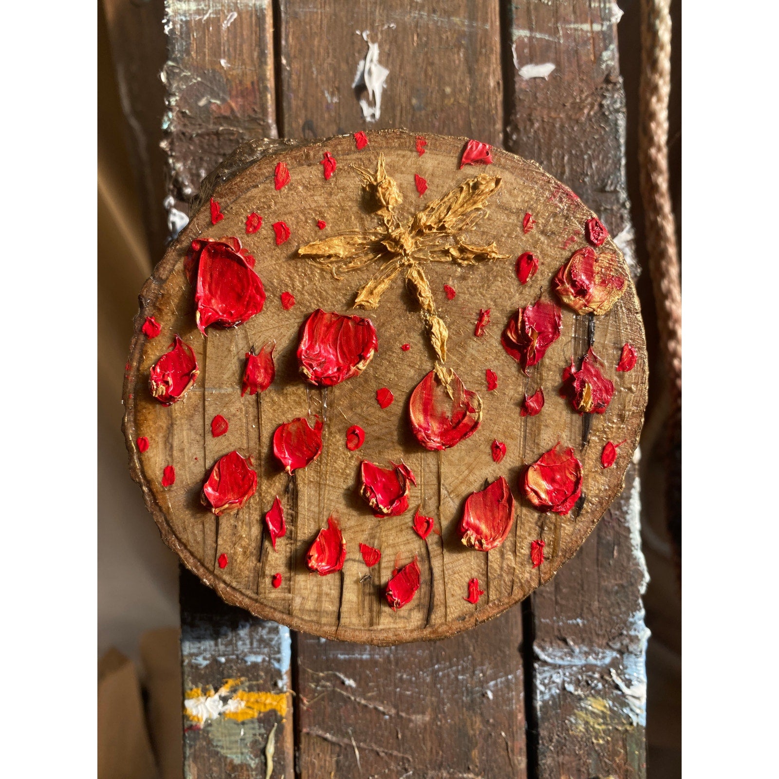 ORIGINAL miniature Tactile Art Abstract Dragonfly Flowers oil painting on wood