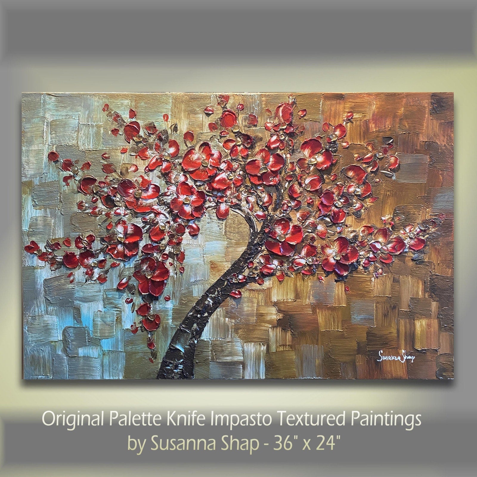 Original Red Cherry Blossom Tree Painting, Palette Knife Impasto Textured Fine Art (36x24")