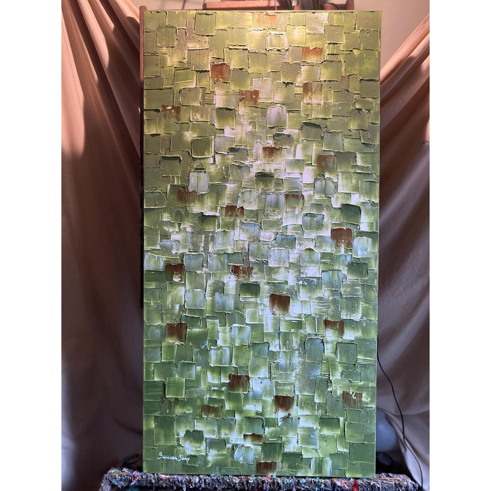 ORIGINAL Olive Green Large Abstract painting, Squares, Geometric Heavy Textured 48"x24" Palette knife Art- by Susanna Shap
