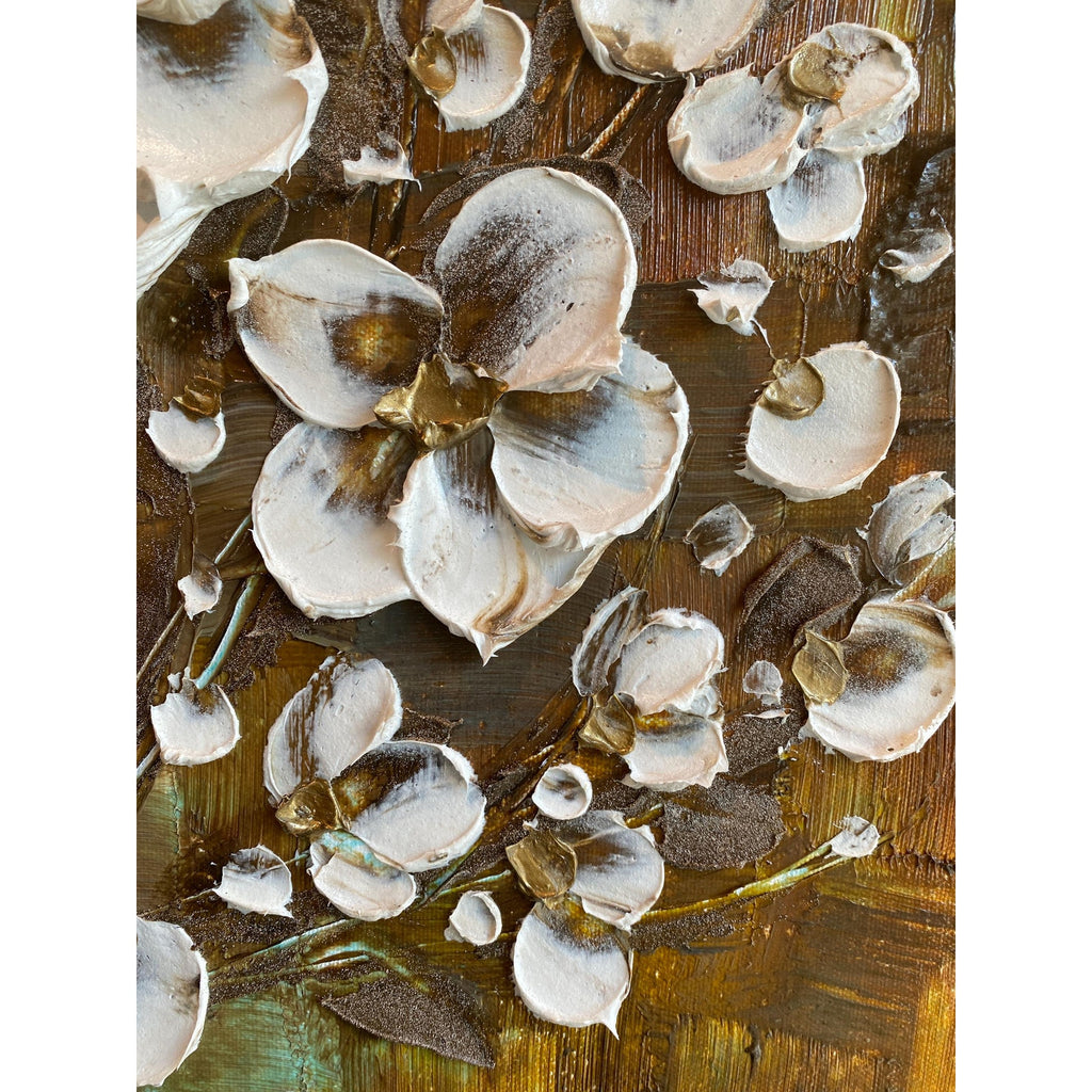 Textured Original White Cherry Blossom Palette Knife Impasto Painting (24x24")