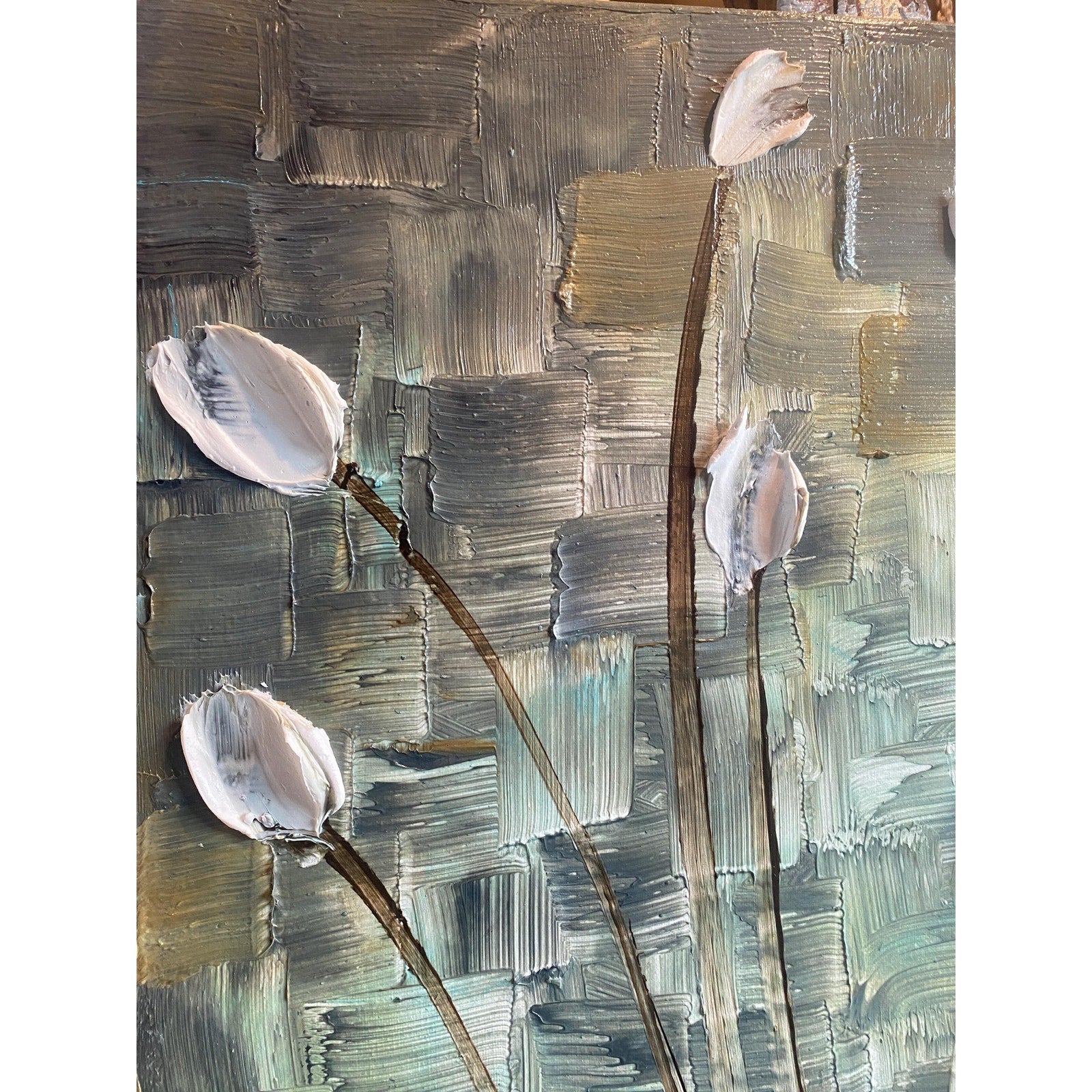 Large ORIGINAL white tulips painting, Abstract Landscape, Textured Palette knife Impasto Fine art by susanna shap (48"x24")