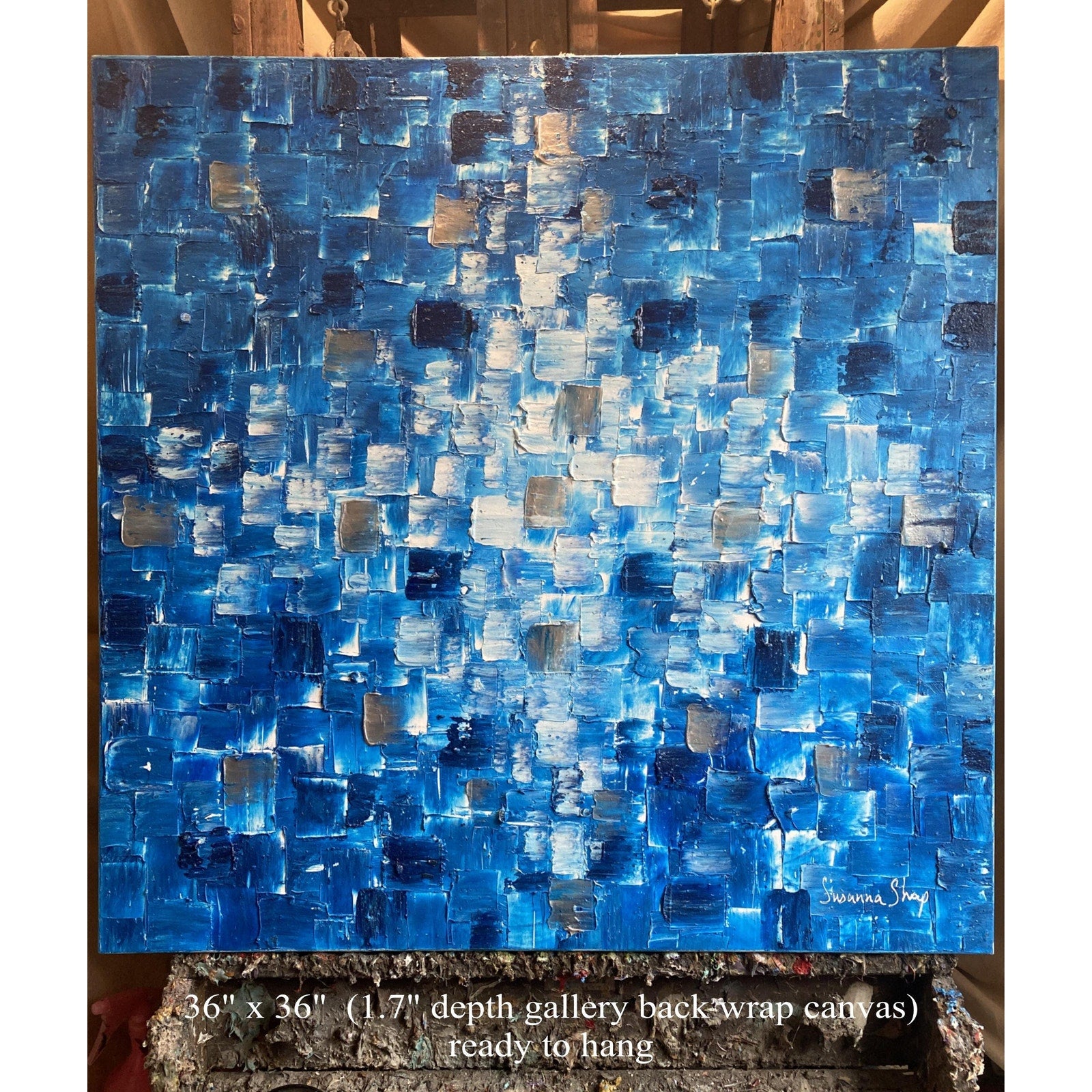 ORIGINAL Blue Large Abstract painting Minimalist Squares Geometric Heavy Textured 36"x36" Palette knife Art- by Susanna Shap