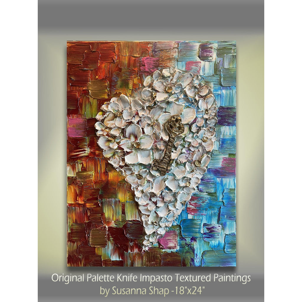 Original Heart Key Textured Painting: Impasto Palette Knife Art (18"x24")