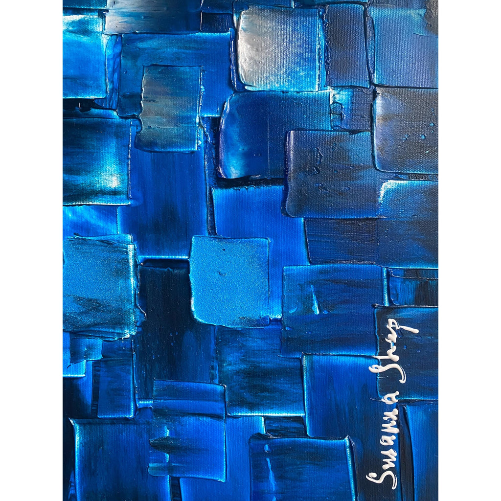 ORIGINAL Black Blue tonal large abstract painting Textured Squares Geometric Palette knife Art 48"x24" - by Susanna Shap