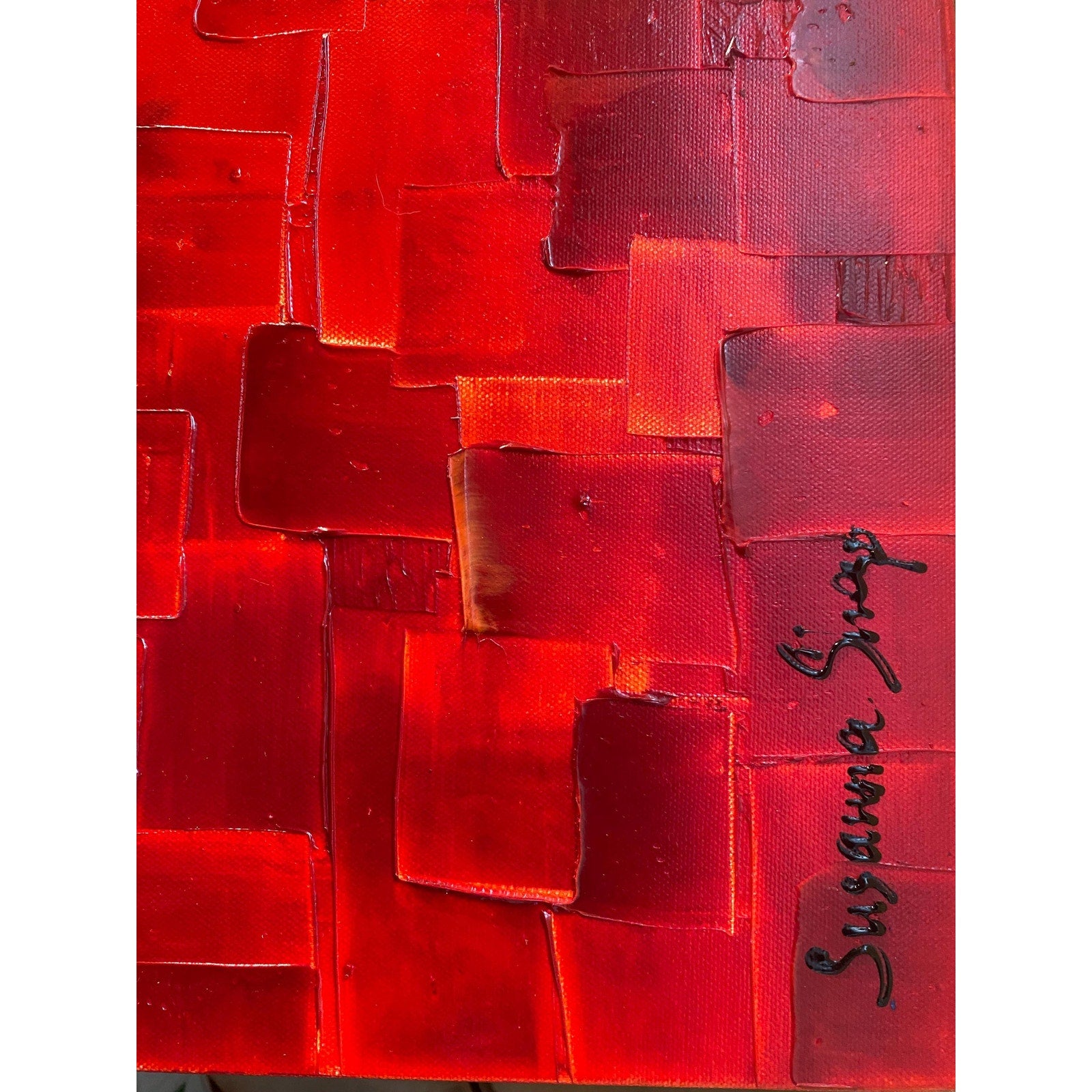 ORIGINAL Large Red Abstract painting, Squares, Geometric Textured 48"x24" Palette knife Art- by Susanna Shap