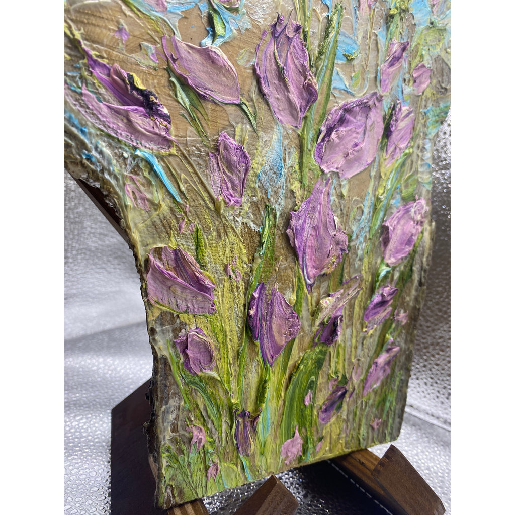 ORIGINAL Purple tulips Small Floral landscape oil painting, Textured Abstract Tactile Art on wood