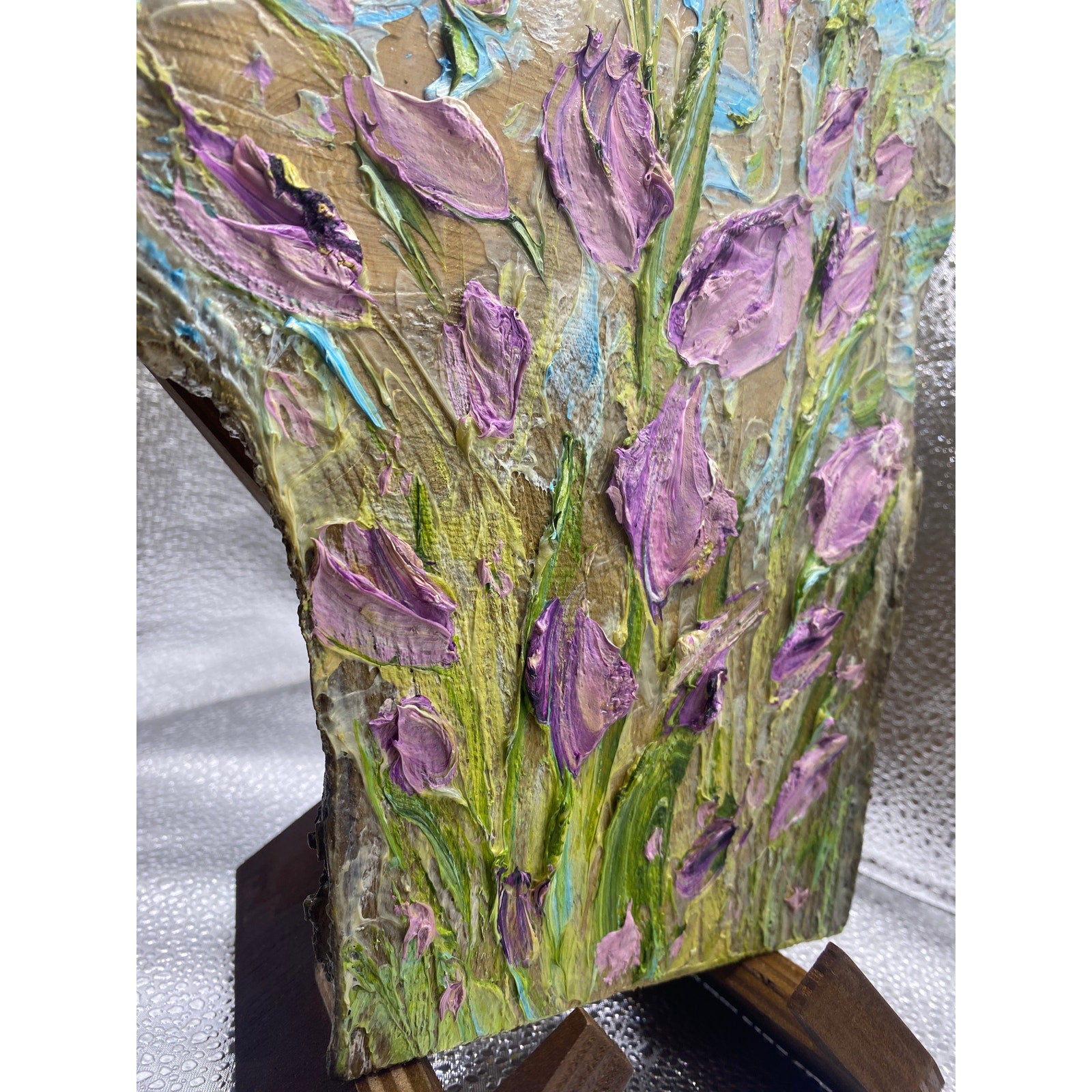 ORIGINAL Purple tulips Small Floral landscape oil painting, Textured Abstract Tactile Art on wood