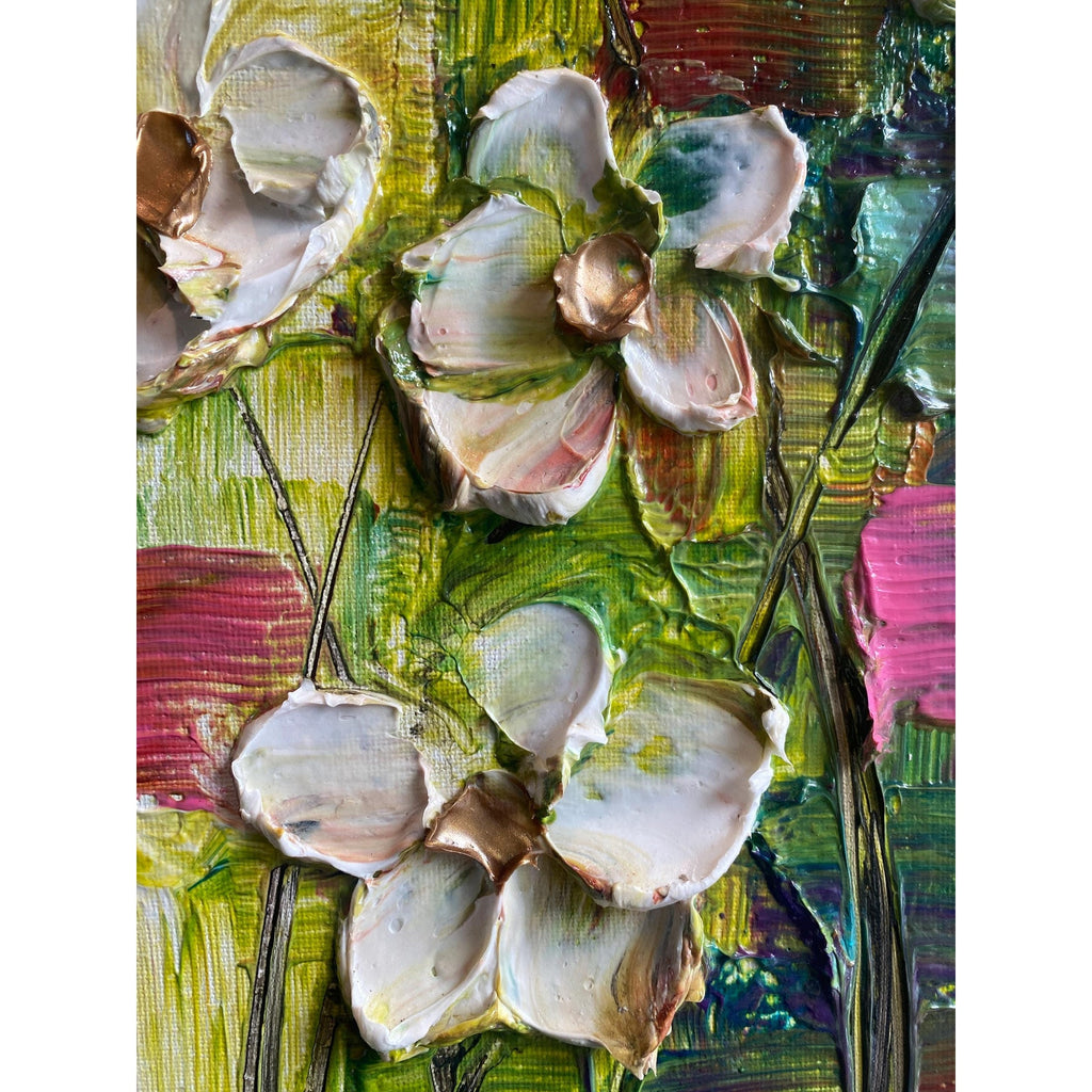 Original Abstract textured white flowers art, multicolored Palette Knife Impasto Painting: 18"x24" by Susanna Shap