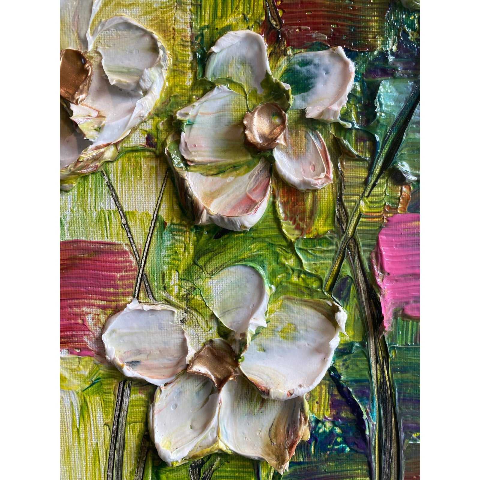 Original Abstract textured white flowers art, multicolored Palette Knife Impasto Painting: 18"x24" by Susanna Shap