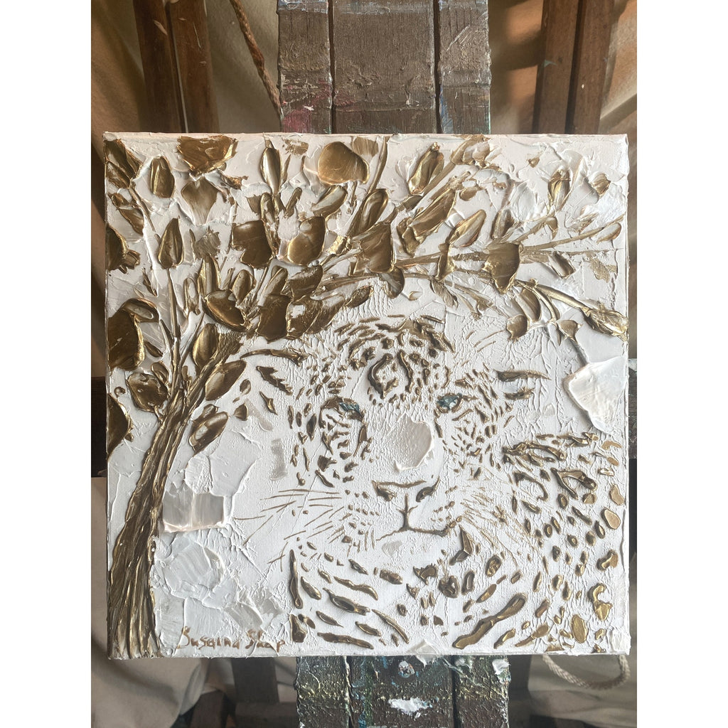 Leopard, Big Cat Animal Painting Abstract ORIGINAL Art White & Gold Textured painting, Handmade wall art