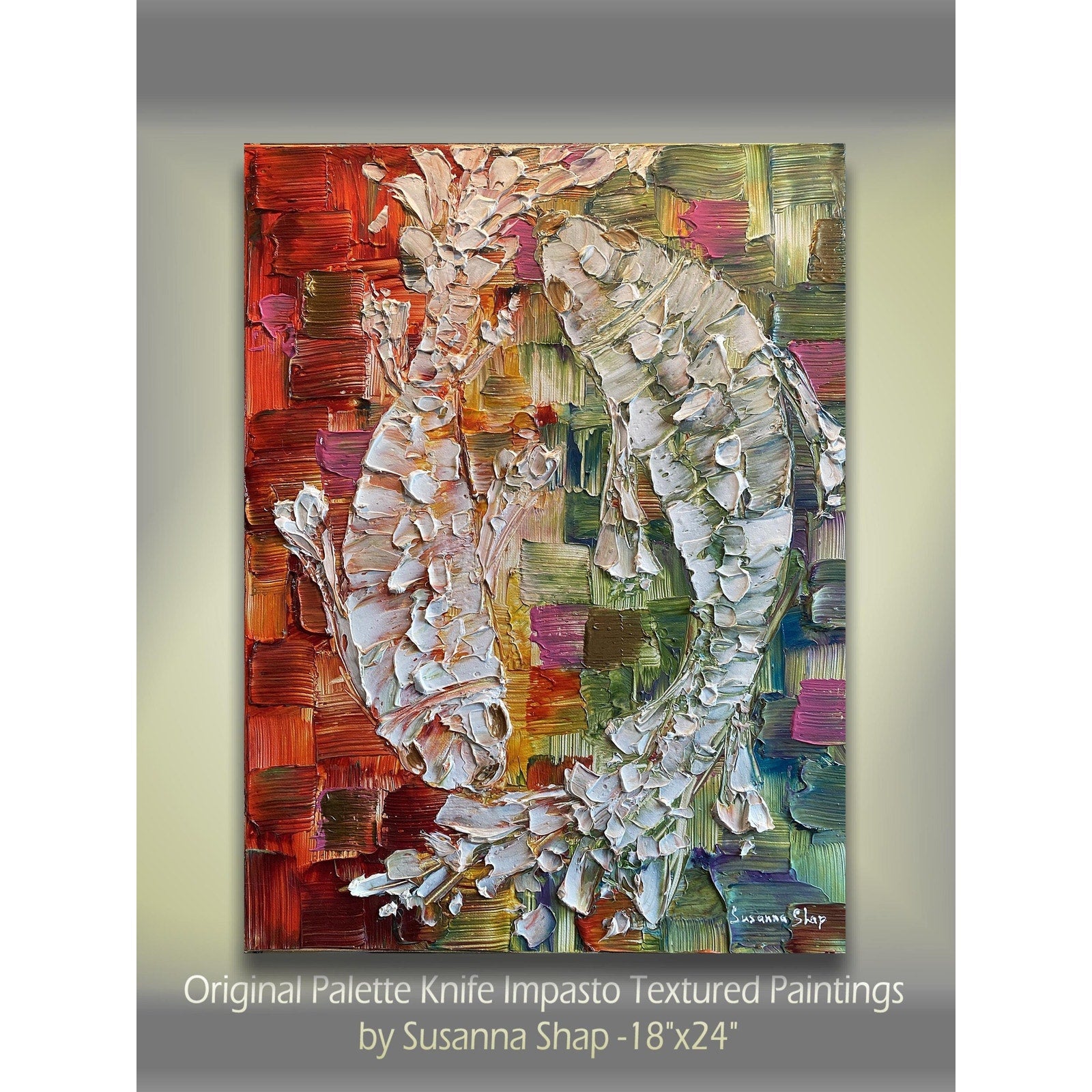 Original Koi Fish Painting: Textured Palette Knife impasto multicolored Fine Art (18"x24")