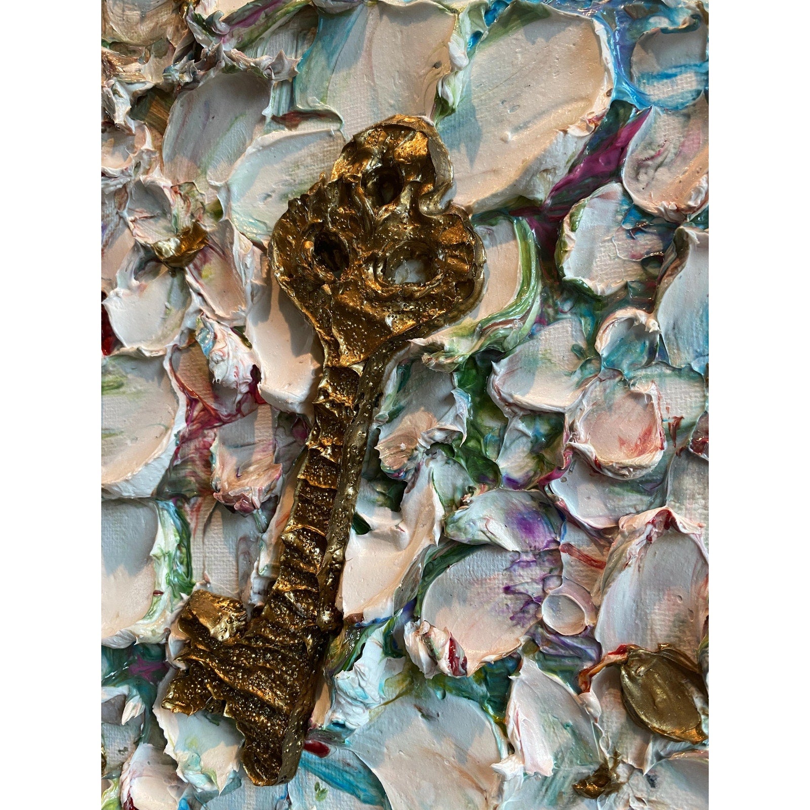 Original Heart Key Textured Painting: Impasto Palette Knife Art (18"x24")