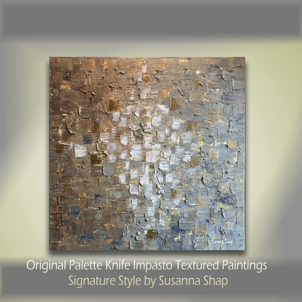 ORIGINAL Minimalist Large Abstract painting Neutral Beige Gray Squares Geometric Heavy Textured 36"x36" Palette knife Art- by Susanna Shap