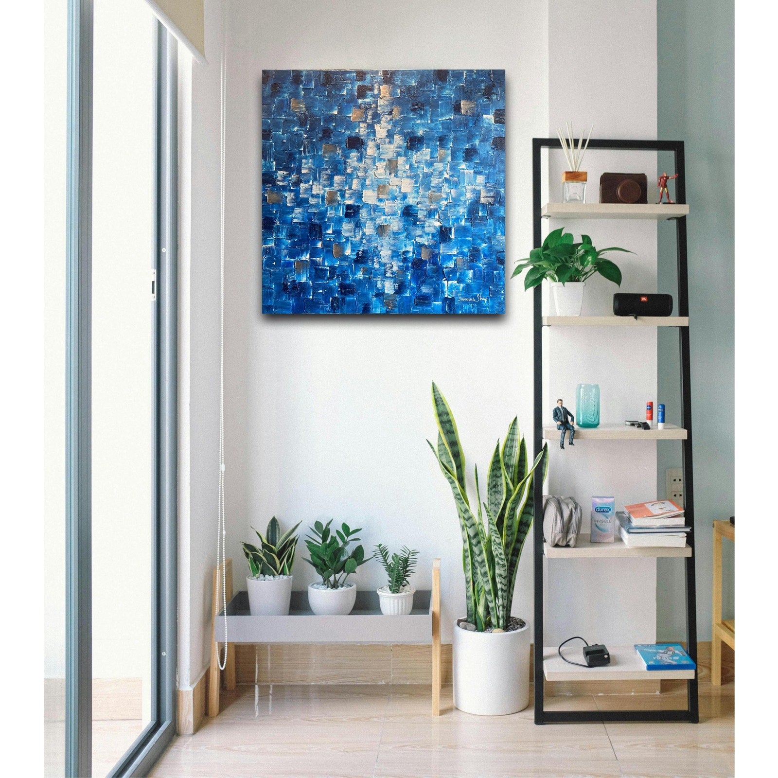 ORIGINAL Blue Large Abstract painting Minimalist Squares Geometric Heavy Textured 36"x36" Palette knife Art- by Susanna Shap