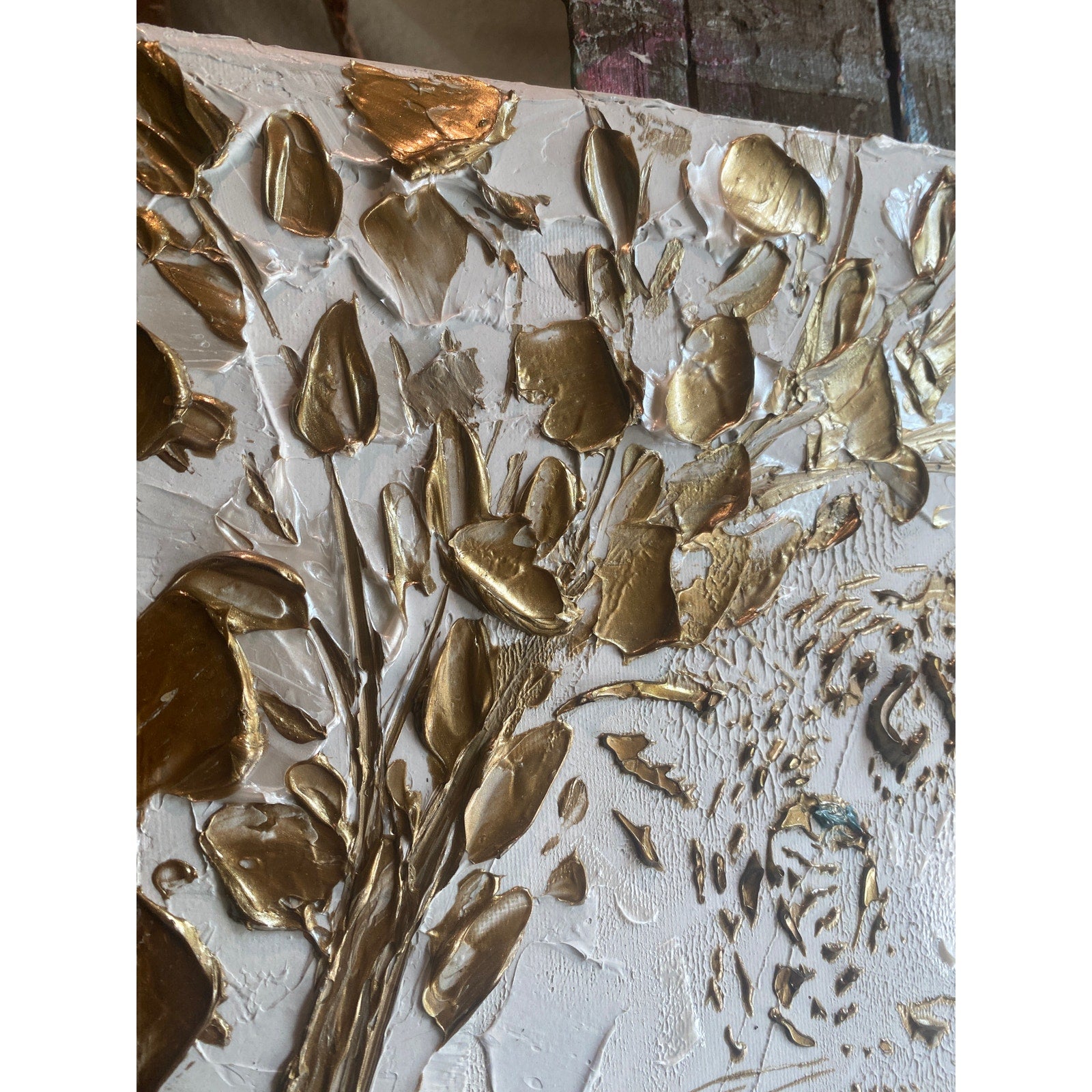 Leopard, Big Cat Animal Painting Abstract ORIGINAL Art White & Gold Textured painting, Handmade wall art