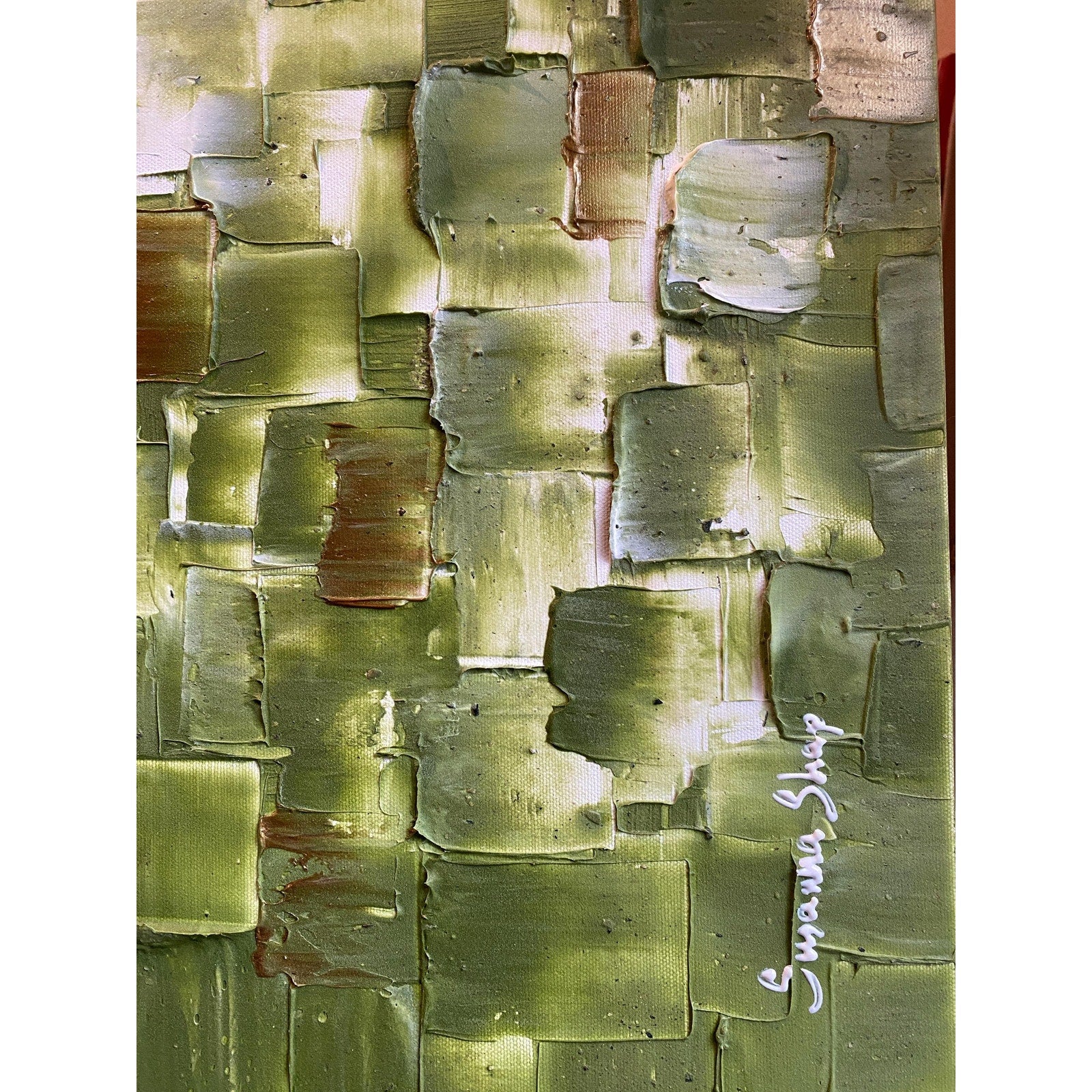 ORIGINAL Olive Green Large Abstract painting, Squares, Geometric Heavy Textured 48"x24" Palette knife Art- by Susanna Shap