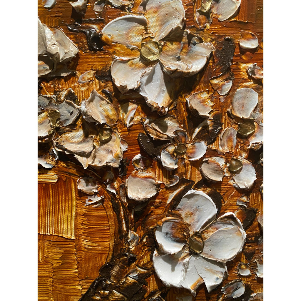 Original textured abstract tree painting, brown and white Cherry Blossom Impasto , Palette Knife impasto fine Art (36x24")