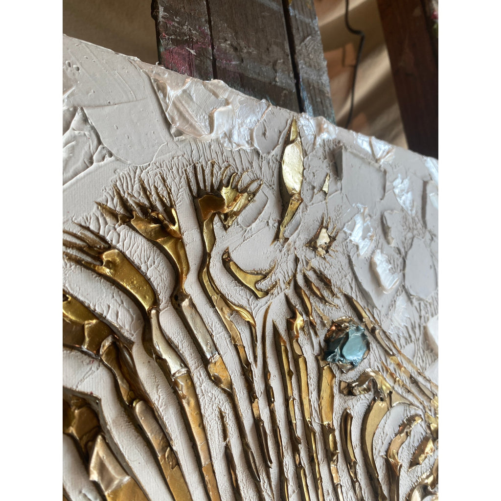 Zebra, ORIGINAL Animal Art Abstract White & Gold Textured painting, Handmade Canvas wall art