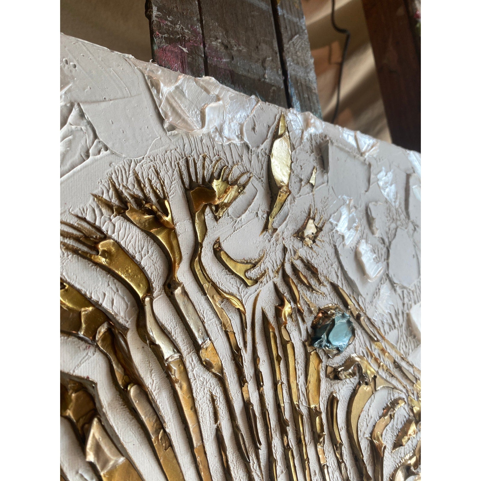 Zebra, ORIGINAL Animal Art Abstract White & Gold Textured painting, Handmade Canvas wall art