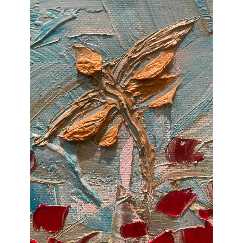 ORIGINAL small oil painting of dragonfly and red poppy flowers landscape on canvas Textured Palette knife art 8x8” by Susanna Shap