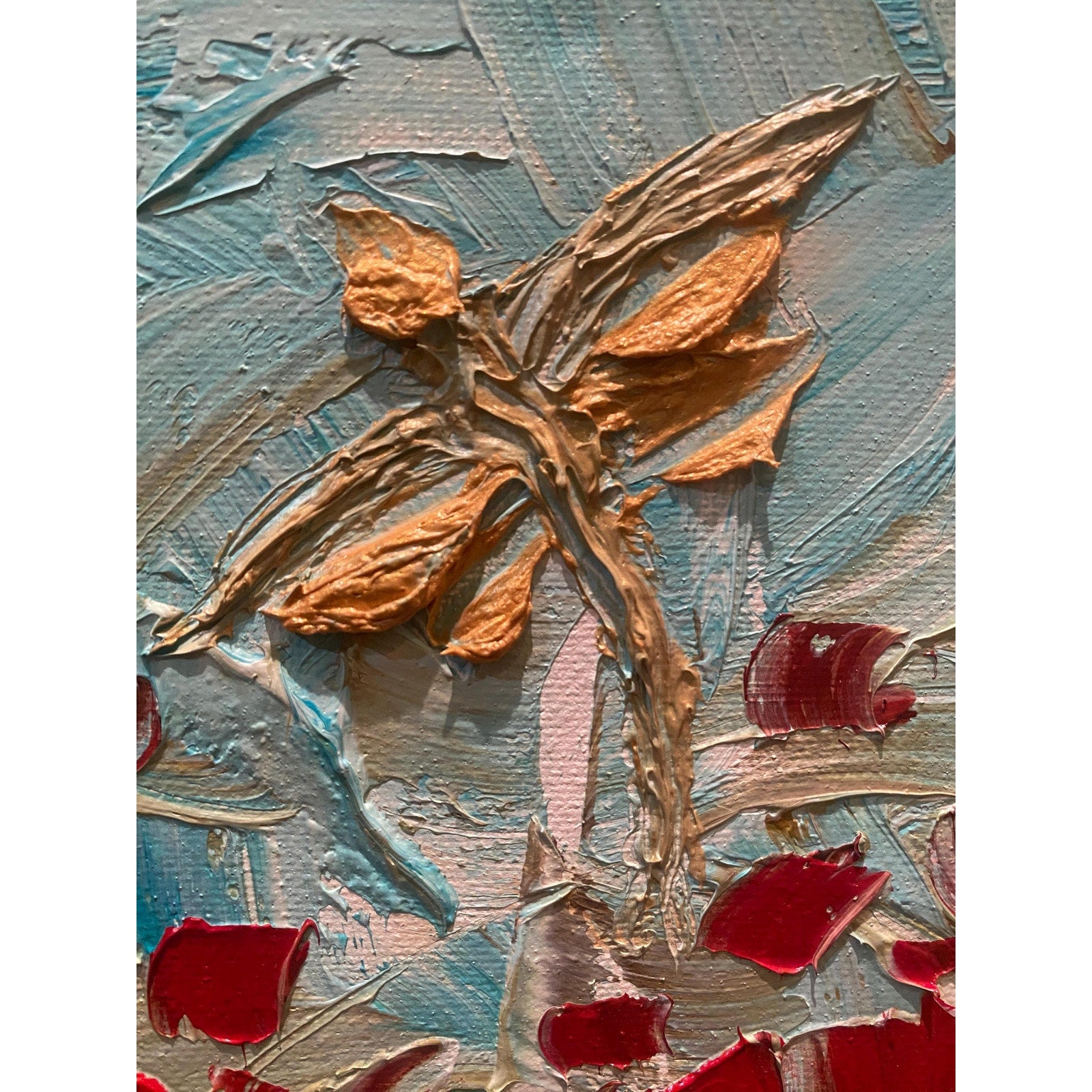 ORIGINAL small oil painting of dragonfly and red poppy flowers landscape on canvas Textured Palette knife art 8x8” by Susanna Shap