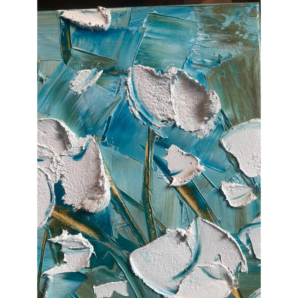 ORIGINAL floral oil painting, white poppies landscape on canvas impasto Textured Palette knife Wall Art 20x20" by Susanna Shap