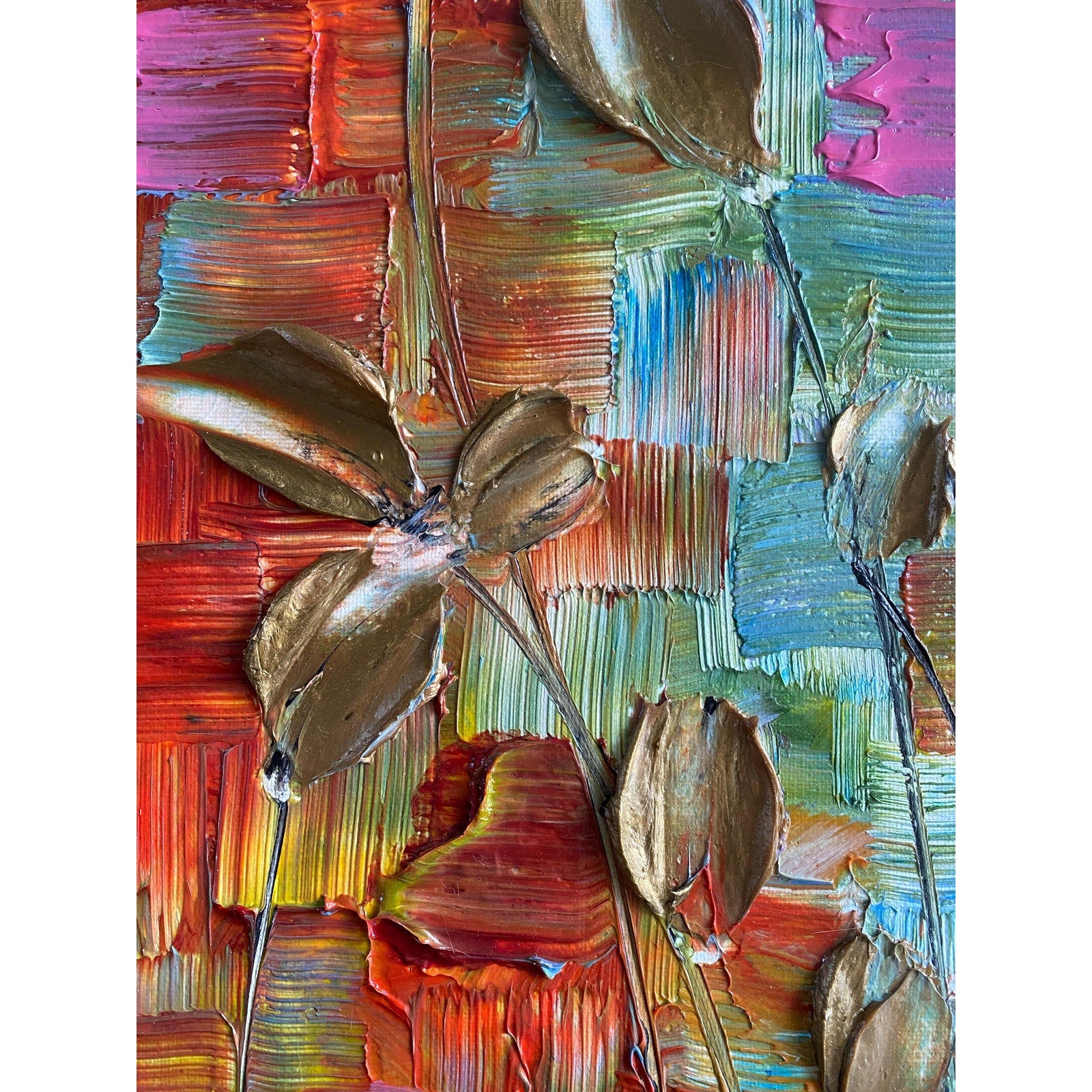 Original Gold Tulips Painting: Abstract Flowers, Textured Palette Knife Impasto Art