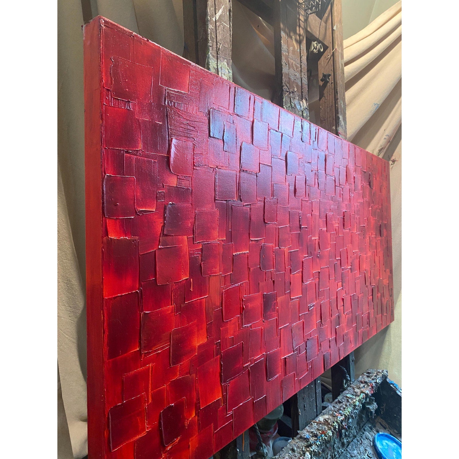ORIGINAL Large Red Abstract painting, Squares, Geometric Textured 48"x24" Palette knife Art- by Susanna Shap
