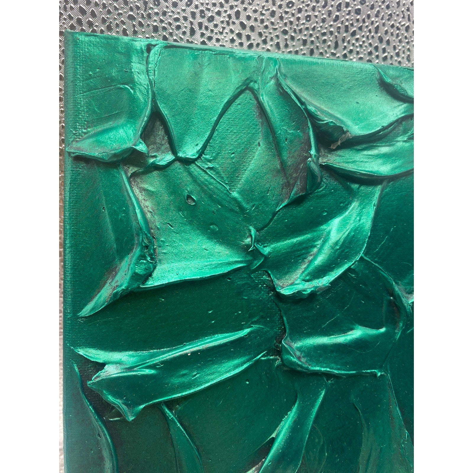 ORIGINAL Abstract Metallic Green Emerald Textured painting, Palette knife Impasto Small 8" x 8"