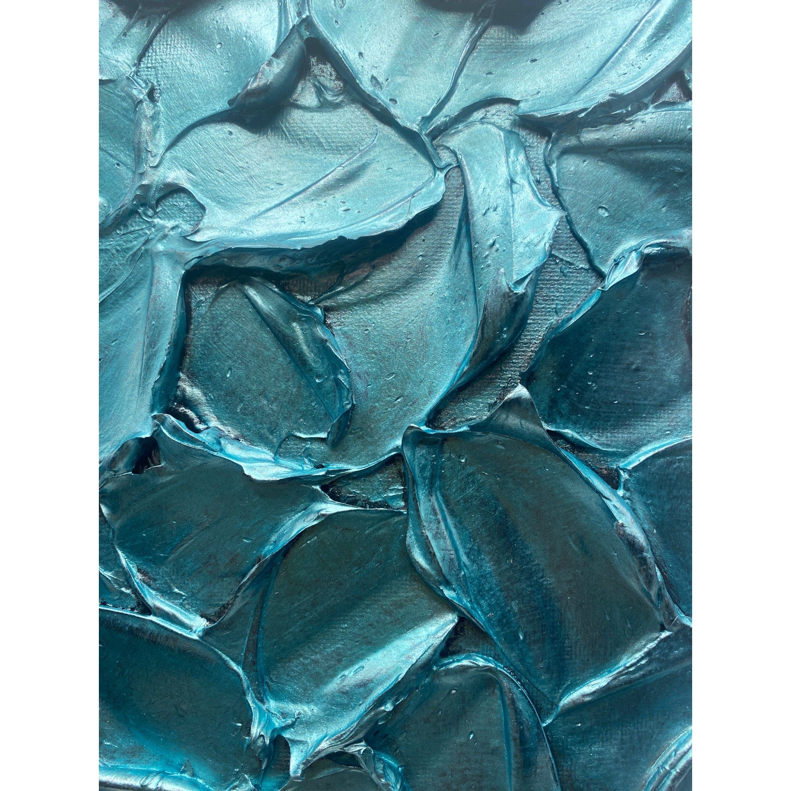 ORIGINAL Abstract Textured painting Metallic Aquamarine Blue, Palette knife Impasto Small 8" x 8"
