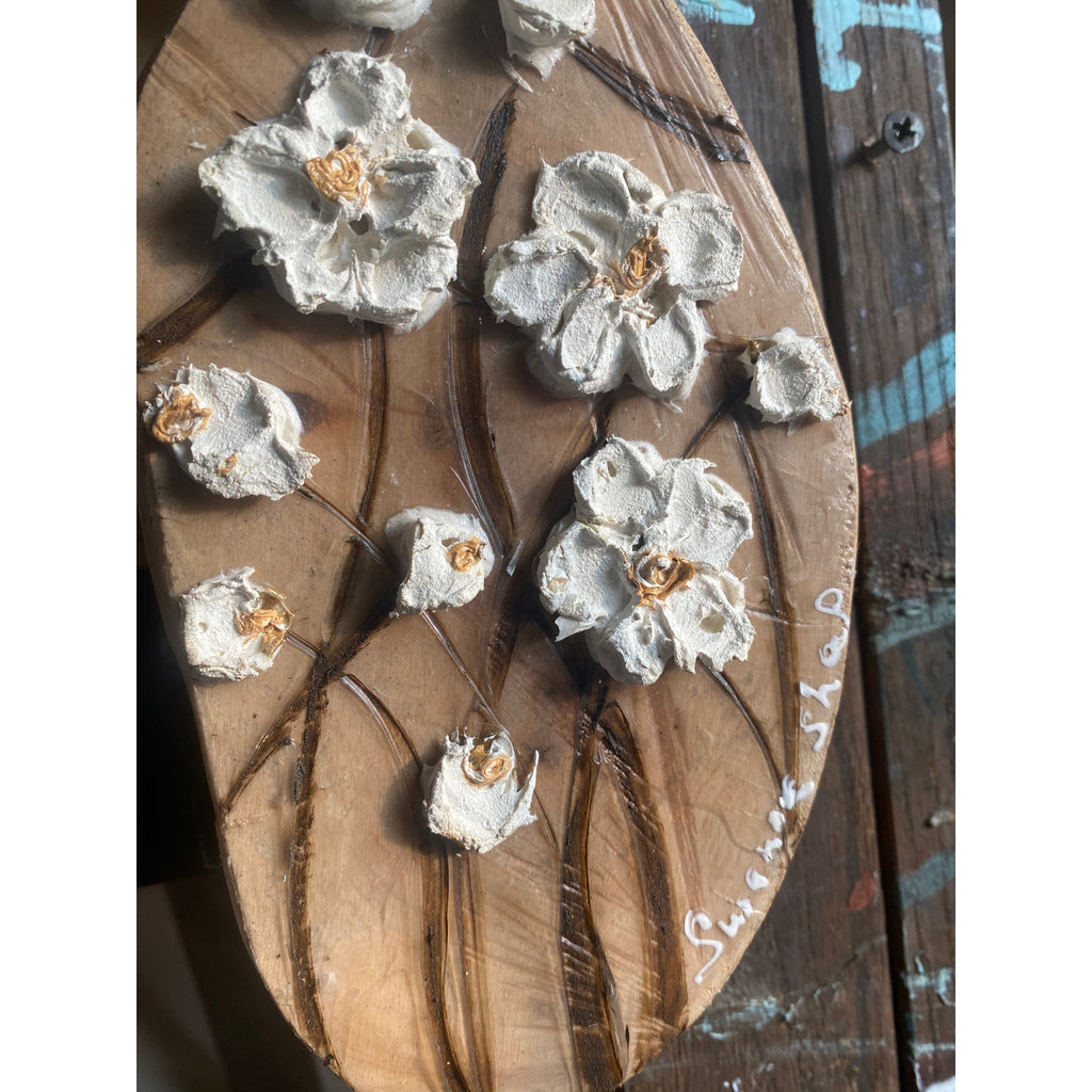 ORIGINAL Irregular organic shape Oval Miniature White flowers oil painting, Small Tactile Art on wood- by Susanna Shap